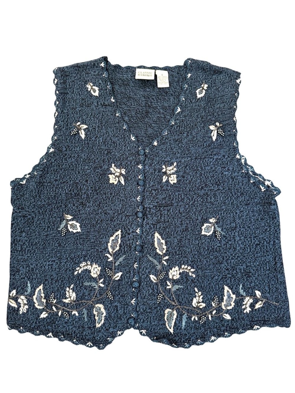 Vintage 90s Classic Elements Embroidered Beaded Sweater Vest Blue Ramie Cotton L